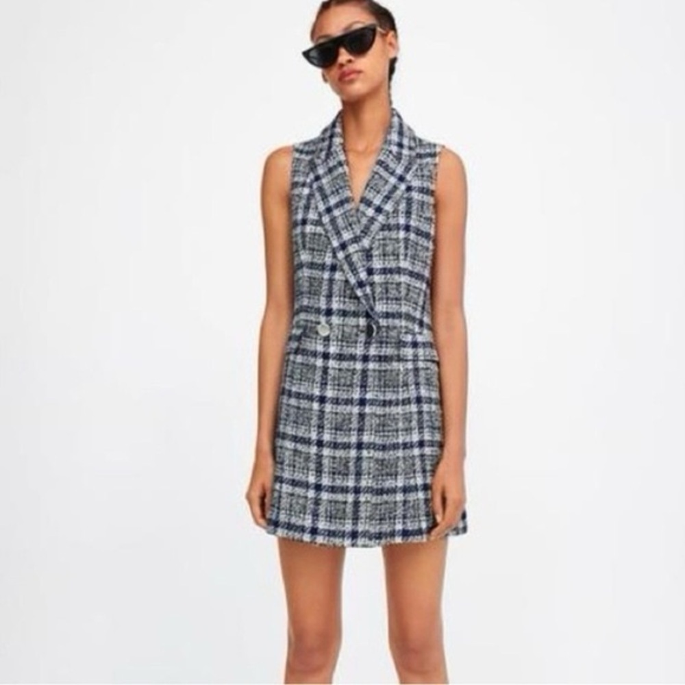 ZARA Blue White Boucle Tweed Double Breasted Vest Mini Dress Plaid Blazer S Prep